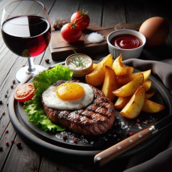 Still life with prepared food: on a wooden board a piece of fried meat with an egg, slices of fried potatoes and a glass of red wine. Spices, vegetables and cutlery