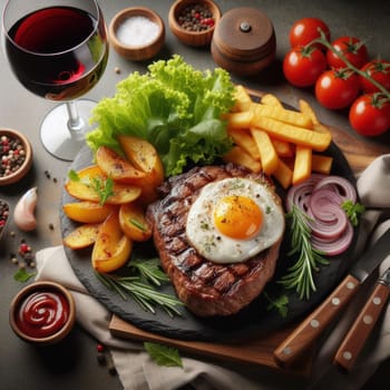 Still life with prepared food: on a stone board a piece of fried meat with an egg, slices of fried potatoes and a glass of red wine. Spices, herbs, tomatoes and onions