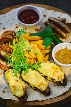 German style grilled sausages with potato wedges and bread with cheese and sauces close-up on a wooden tray on the table. Shallow dof