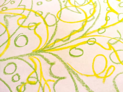 Abstract background, texture drawn in green chalk with flower pattern, plants with smooth lines, curves, leaves, circles. Copy space, wallpaper, card
