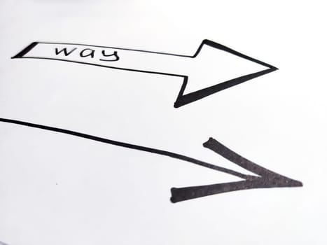 Thick and thin Hand drawn black marker arrows. Concept of business, choosing direction, moving forward. Abstract sign, background, texture. Blurred