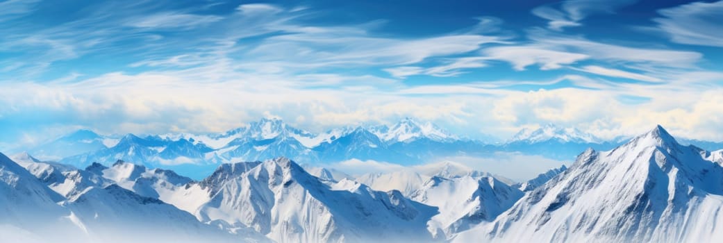 Landscape of a winter mountain range covered in snow with a bright blue sky. Wide format banner AI