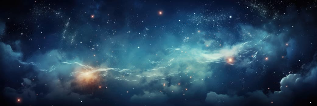 Beautiful space background with stardust and stars. Deep far space, cosmic glowing colors. Outer space with bright stars and galaxies. Wide format banner AI