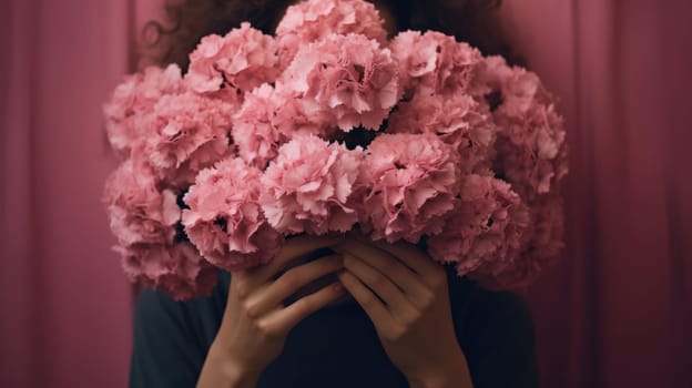 The woman is holding pink flowers in front of her face AI