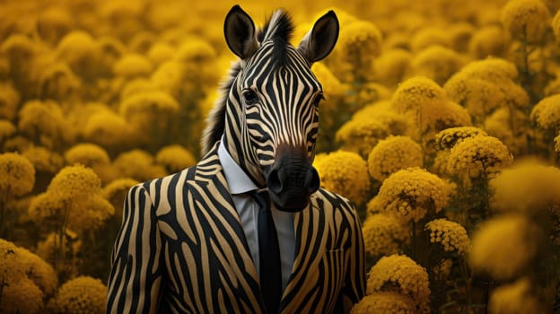 Zebra dressed in a suit, in a fantastical field of blossoming yellow flowers AI