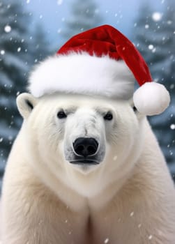 A white polar bear in a red Santa Claus hat. New year or Christmas concept. Generative AI.