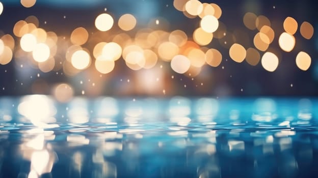 Blur light of bar or pub reflection on blue water swimming pool, summer party at night banner AI