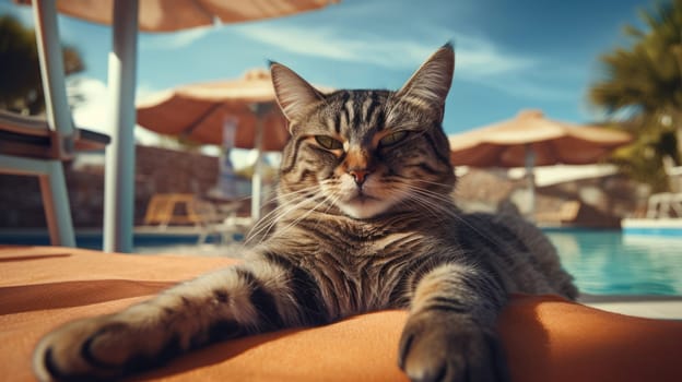 Cat on vacation with cold drinks by swimming pool, palm trees in background. Holidays banner AI