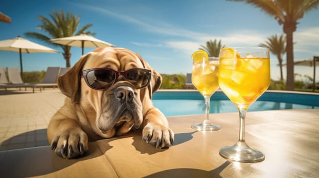 Dog on vacation with cold drinks by swimming pool, palm trees in background. Holidays banner AI