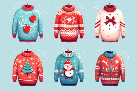 illustration of a pattern of ugly Christmas sweaters for wallpapers. AI generative.