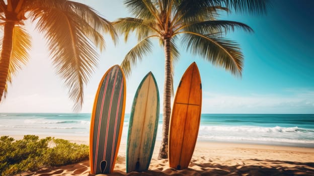 Surfboards on the beach. Blurred sea background with palm trees AI