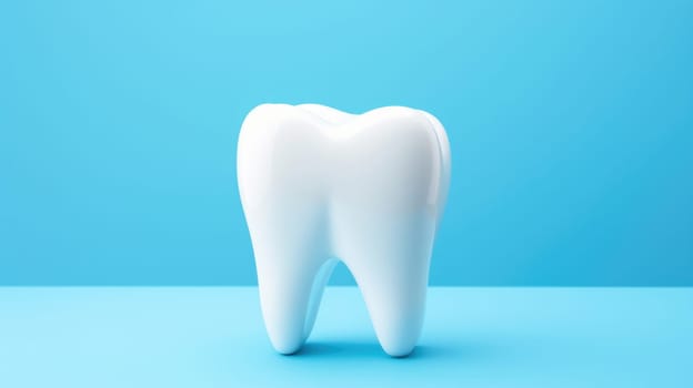 White healthy tooth isolated on blue background with copy space. Tooth on blue background AI