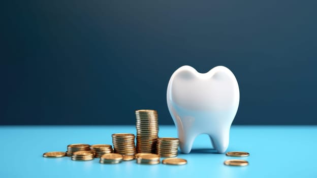 Tooth with coins on blue background. Expensive treatment. The concept of saving for dental treatment. AI