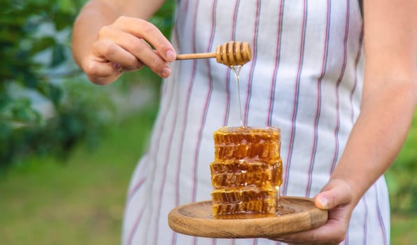 A woman holds honey in the garden. Selective focus. Nature.