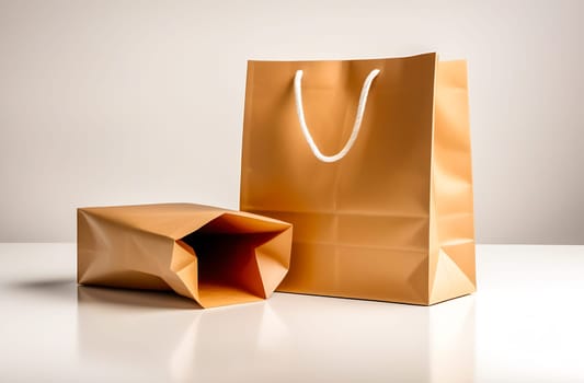 Gold paper shopping bag on a white background. The concept of goods delivery and product packaging.