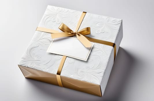Luxury gold packaging, a bag with a bow with a beautiful pattern, a gift wrapping concept for a wedding or birthday.