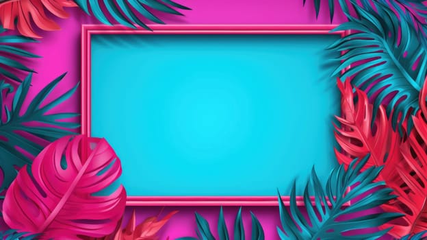 Vibrant blue and pink frame with tropical leaves as the background AI