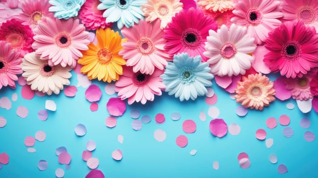 Vibrant flat lay with gerbera daisy flowers on background with confetti AI