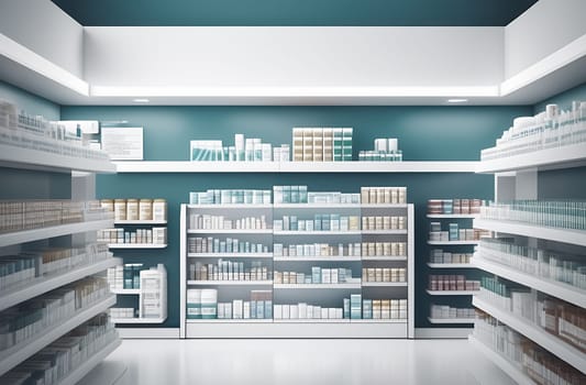 A modern pharmacy with a minimalistic design, shelves with medicines, pharmacy background. Blurred medicines on the shelves inside the pharmacy.