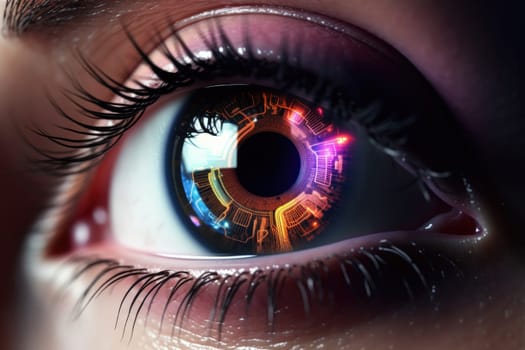 Futuristic woman eye display cyberspace concept science. AI generative.