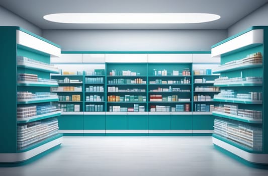 A modern pharmacy with a minimalistic design, shelves with medicines, pharmacy background. Blurred medicines on the shelves inside the pharmacy.