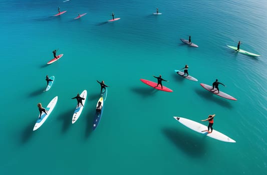 A group of people practice yoga on a sup board in the calm sea in the early morning, combining the tranquility of yoga with the excitement of surfing.