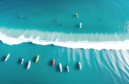 A group of people practice yoga on a sup board in the calm sea in the early morning, combining the tranquility of yoga with the excitement of surfing.