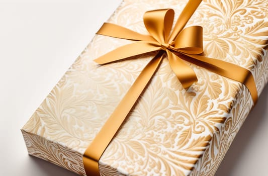 Luxury gold packaging, a bag with a bow with a beautiful pattern, a gift wrapping concept for a wedding or birthday.