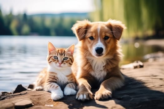 Cute kitty and puppy cudgeling together isolated .generative AI.