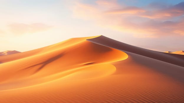Panorama banner of sand dunes desert at sunset. Endless dunes of yellow sand AI