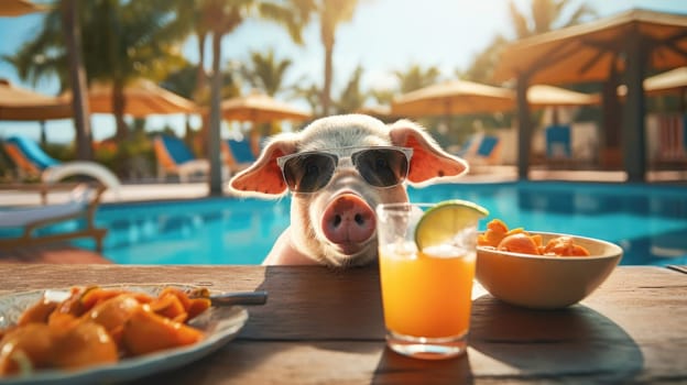 Pigs on vacation with cold drinks by swimming pool, palm trees in background. Holidays banner AI