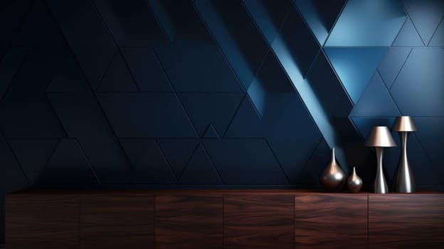 Dark blue triangle geometric wall in interior AI