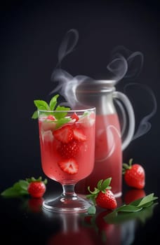 Cold summer strawberry kvass with mint in a glass isolated on black background. AI generated image.