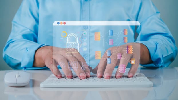 Businessman using computer secure encryption technology, cybersecurity privacy of data protection, security Internet access, security encryption of user private data, business confidentiality.