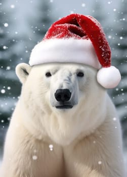 A white polar bear in a red Santa Claus hat. New year or Christmas concept. Generative AI.