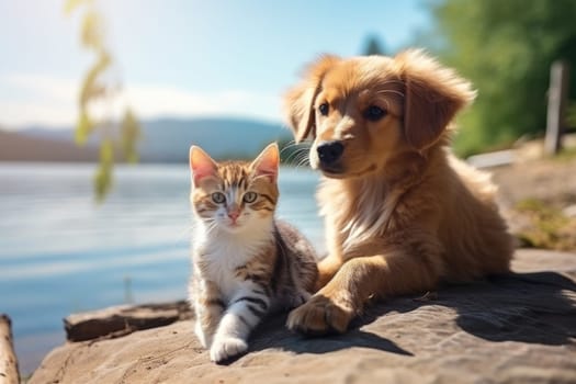 Cute kitty and puppy cudgeling together isolated .generative AI.