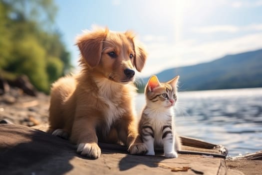 Cute kitty and puppy cudgeling together isolated .generative AI.