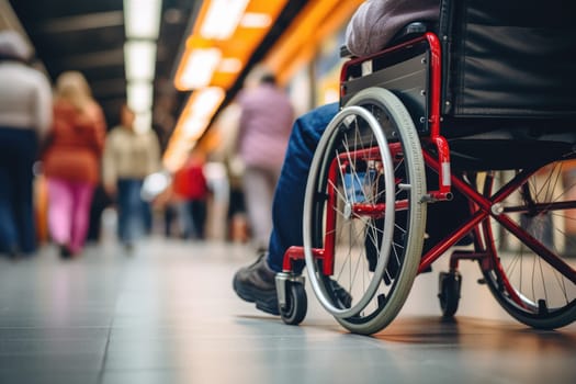 closeup of disabled person riding in wheelchair at train station . disability insurance. generative AI.