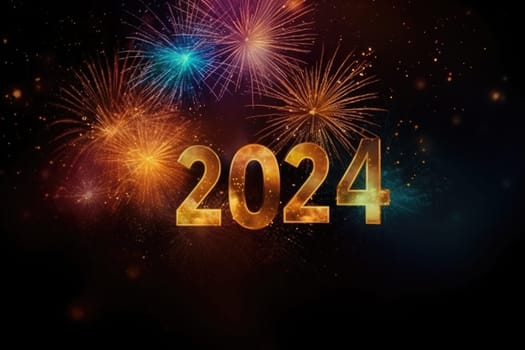 Happy New Year 2024 party celebration with fireworks. Generative AI.