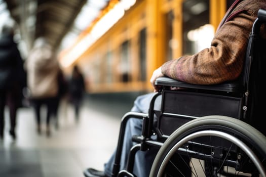 closeup of disabled person riding in wheelchair at train station . disability insurance. generative AI.