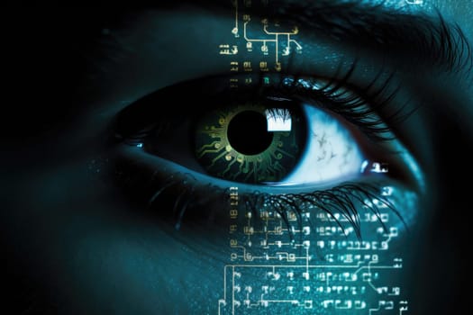 Futuristic woman eye display cyberspace concept science. AI generative.