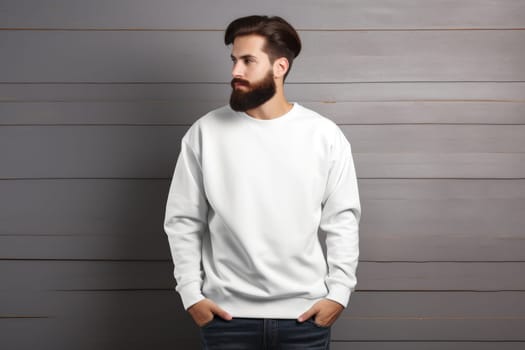 man wearing a white Blank mockup sweater . Generative AI.