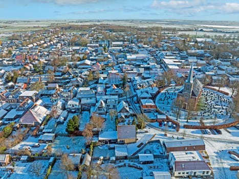 Aerial from the traditional village Koudum in Friesland the Netherlands