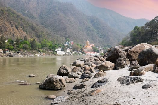 The river Ganges at Laxman Jhula in India Asia at sunset
