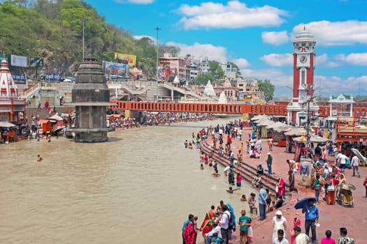 HARDWAR, INDIA - APRIL 24, 2017: View on Hardwar at the river Ganges in India on 24th of april 2017