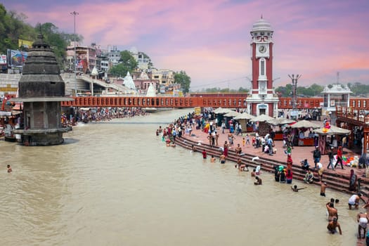 HARDWAR, INDIA - April 24, 2017: View on Hardwar at the river Ganga in India Asia at sunset