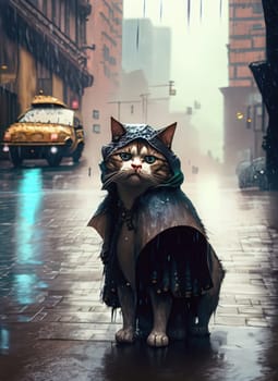 Cat in a raincoat and a hat on the streets of the city. AI Generated.