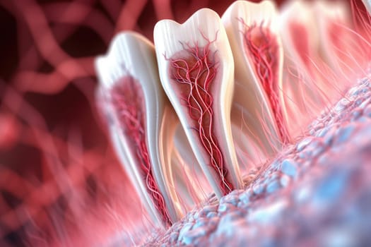 Dental tooth anatomy. Cross section of human tooth with infographics created with Generative AI.