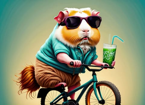 Funny guinea rat rodent with a glass of green smoothie on bicycle. AI Generated.