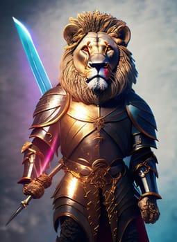 Lion in armor with a sword on a dark background. 3d illustration. AI Generated.